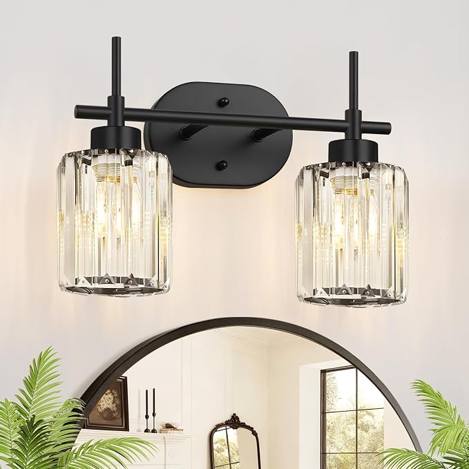 2-Light Matte Black Crystal Bathroom Vanity Light, Modern Bathroom Lighting Fixture Over Mirror, K9 Crystal Bathroom Wall Light with Round Shades, E26 Base(Bulbs Not Included)