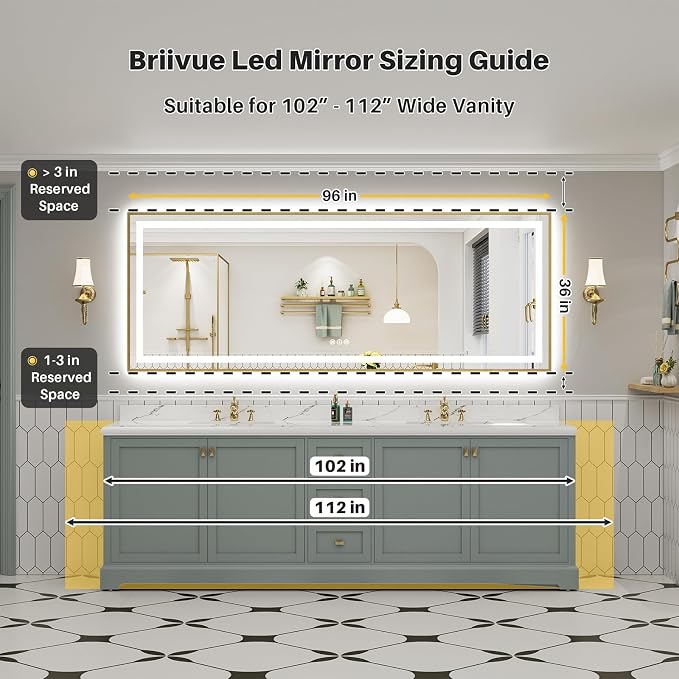 96X36 Inch LED Bathroom Mirror with Gold Frame, Backlit & Front Lit | Anti-fog, 3 Color Dimmable, Memory Function, HD Reflection Tempered Glass, ETL Listed, IP54 Waterproof
