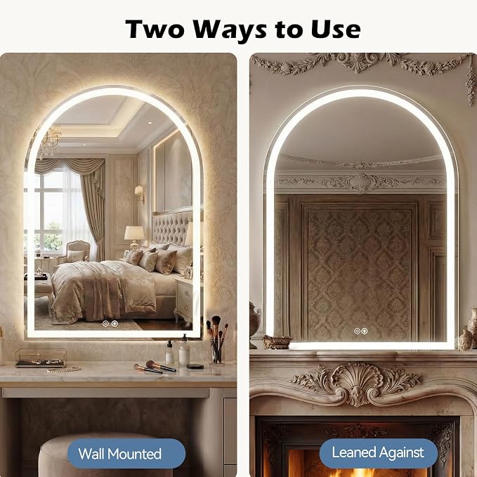 DUMOS 24"x36" LED Bathroom Mirror with Lights, Arched Vanity Mirror | Anti-Fog, Dimmable, 3-Color Light, Memory Function, Front Light and Backlit, Tempered Glass