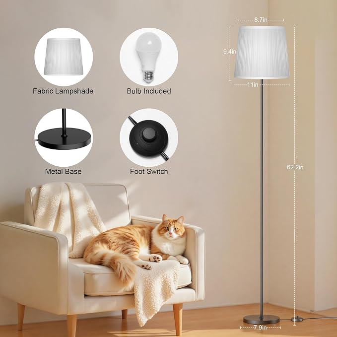 Dimmable Floor Lamp with Pleated Shade for Living Room | Dimmable LED Standing Lamp with Foot Switch, Modern Floor Reading Light for Bedroom Office Corner
