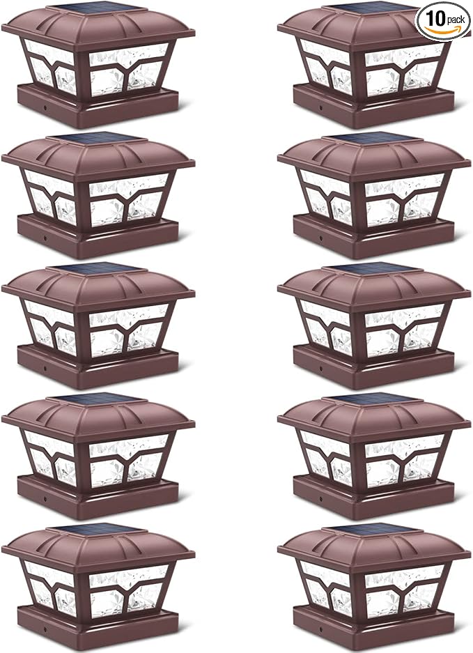 SIEDiNLAR Solar Post Cap Lights Outdoor 2 Color Modes 8 LEDs for 4x4 5x5 6x6 Wooden Vinyl Posts Fence Deck Patio Decoration Warm White & Cool White Lighting Brown (10 Pack)