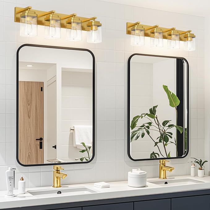 Brushed Gold Bathroom Light Fixtures, 4 Lights Bathroom Lighting Fixtures Over Mirror, Square Design & Rectangle Large Backplate, Modern Vanity Lighting Fixtures, for Living Room/Bedroom