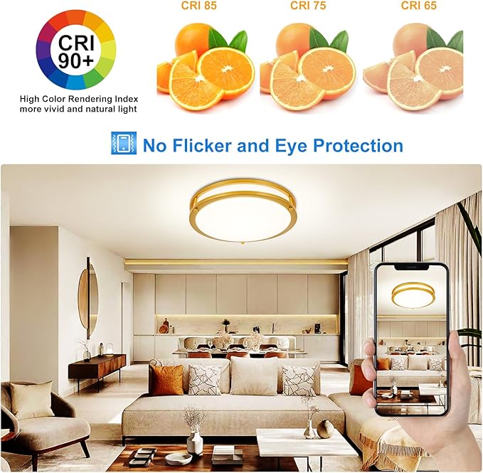 DLLT Flush Mount LED Ceiling Light: 13 Inch 5CCT (3000K-6000K) & Dimmable Ceiling Light Fixtures for Bedroom Hallway - 24W Modern Gold Super Bright Kitchen Lighting Fixtures Ceiling