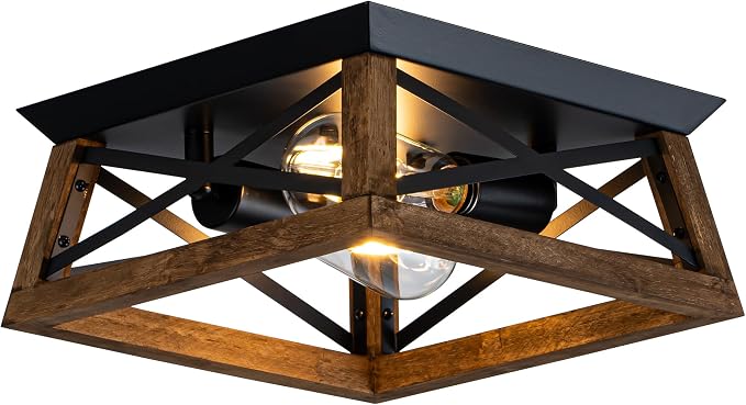 2-Light Farmhouse Light Fixture, Rustic Ceiling Light with Wood and Metal Design, Wood Ceiling Light for Kitchen, Hallway, Entryway, Cabinet, Living Room