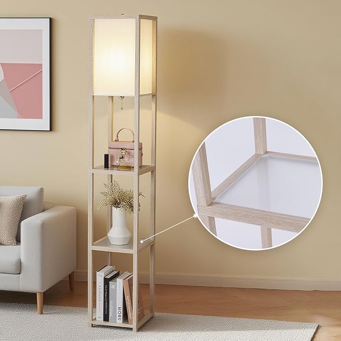 Floor Lamp with Shelves, Modern Square Standing Lamp with Glass Shelves, Corner Display Shelf with Light, Tall Lamp with Shelves for Living Room, Bedroom, Office, Bookshelf