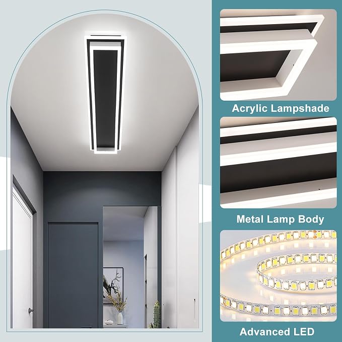 Dimmable Led Ceiling Light with Remote Control Modern Linear Flush Mount Ceiling Lighting Fixture Acrylic Long Ceiling Lamp for Living Room Kitchen Dining Room Hallway (Black&White,39.3inch)