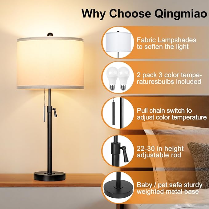 Table Lamps for Bedrooms Set of 2, 22" to 30" Height Adjustable Nightstand Lamps with Linen Shade, Pull Chain Switch Lamps for Living Room, 3 Way Dimmable Bedside Lamp