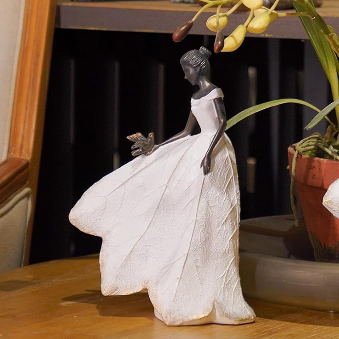 Guichifun Fairy Statue, White, 8.5 x 5.25 x 12 Inch | Leaf Angel Girls With Bird, Resin, Indoor Outdoor Yard Decorations, Figurines, Retirement Gift