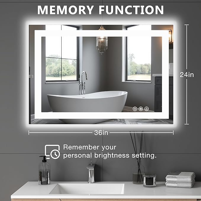 DUMOS 24"x36" Smart Anti-Fog LED Bathroom Mirror with Front Light & Backlit, 3 Color Temperatures, Dimmable, Memory Function, Rectangle Modern Vanity Mirror