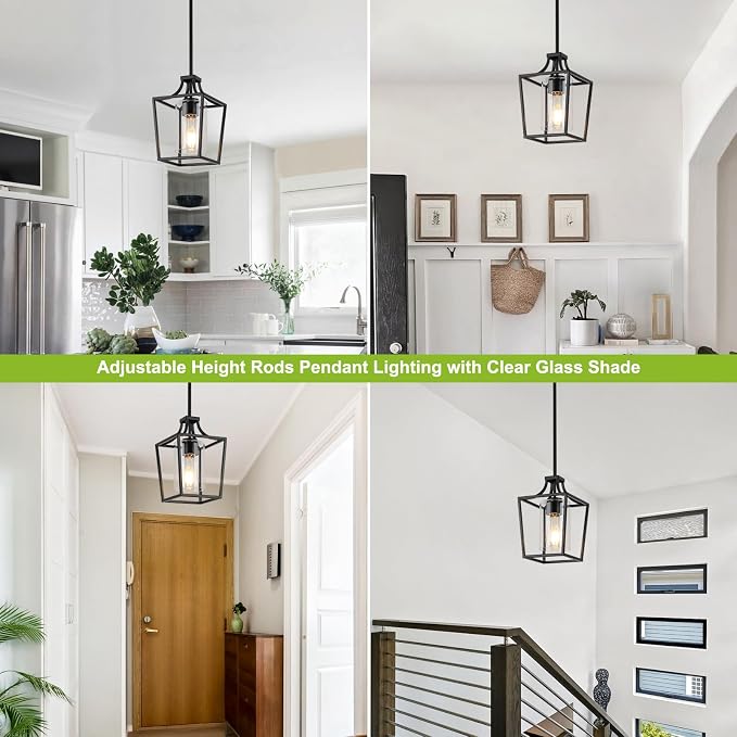 foucasal Black Farmhouse Lantern Pendant Light for Kitchen Island 6.69" | 1 Light, E26 Ceramic Socket, Clear Glass Shade, Adjustable Height Rods, Ideal for Kitchen Dining Room Foyer Hallway Entrance