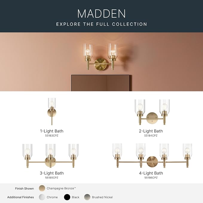Kichler Madden 2-Light Bathroom Vanity Light, Champagne Bronze | Modern vanity light with clear glass for single or double bathroom mirrors (14.25" x 10.5"), 55184CPZ