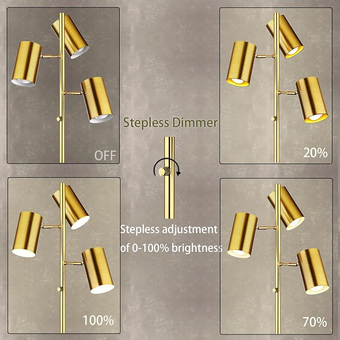Ldeco Tree Floor Lamp for Living Room,Stepless Dimmable Gold Standing Tall Pole Lamp with 3 Bulbs,Modern Reading Floor Lamp for Living Room Bedroom Office,9W E26 LED Bulbs Includeds (Gold-Dimmable)