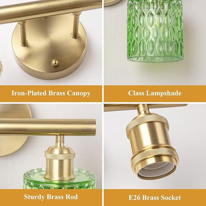 Bathroom Vanity Light, Gold Wall Fixture Over Mirror, Green Glass Shade Lighting with Bulbs Included for Bedroom & Living Room,3-Lights