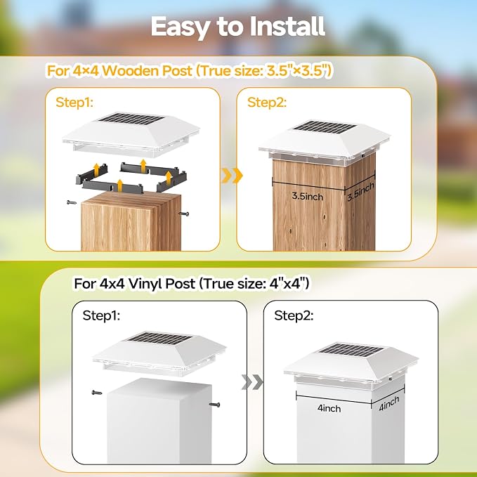 8 Pack 4x4 Solar Post Light, 3 Modes Wooden Vinyl Fence Cap, White | 3 color temperatures, Waterproof LED Solar Post Lights, Patio Porch Decor, Only Fit Two True Size Post: 3.5''x3.5'', 4''x4''