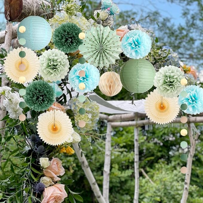 Sage Green and Blue Party Decorations Paper Lanterns Light Blue and Sage Green Baby Shower Decorations Beige Paper Fans Olive Pom Poms for Bridal Shower Wedding Engagement Birthday Bachelorette Party