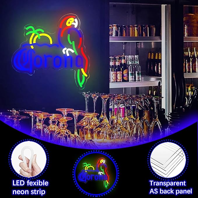 Coron Neon Sign Parrot Neon Lights for Bar Decor, Palm Tree Beer Lights Bar LED Neon Sign Dimmable Light Up Signs Man Cave Home Pub Beer Gift Neon Lamp (Blue)