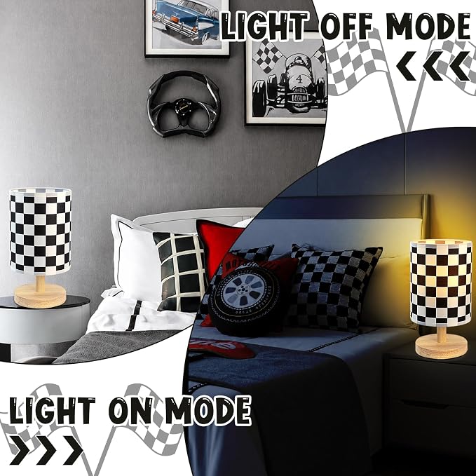 Checkered Bedside Lamp for Boys' Bedroom Kids, Bedside Lamp with Linen Wooden Nightstand, Checkered Lampshade Nursery Decor