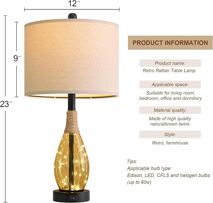 23" Table Lamps for Living Room Set of 2 Bedside Lamps for Night Stands Bedroom Lamps Farmhouse Rattan Boho Lamp Glass Nightlight End Table Lamp,Two Light Points
