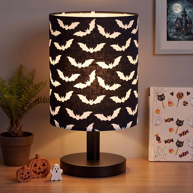 Halloween Bat Kids Table Lamp for Bedroom Kids Bedside Lamp with Linen Wooden Nightstand Cartoon Nursery Lampshade for Girls Boys Living Room