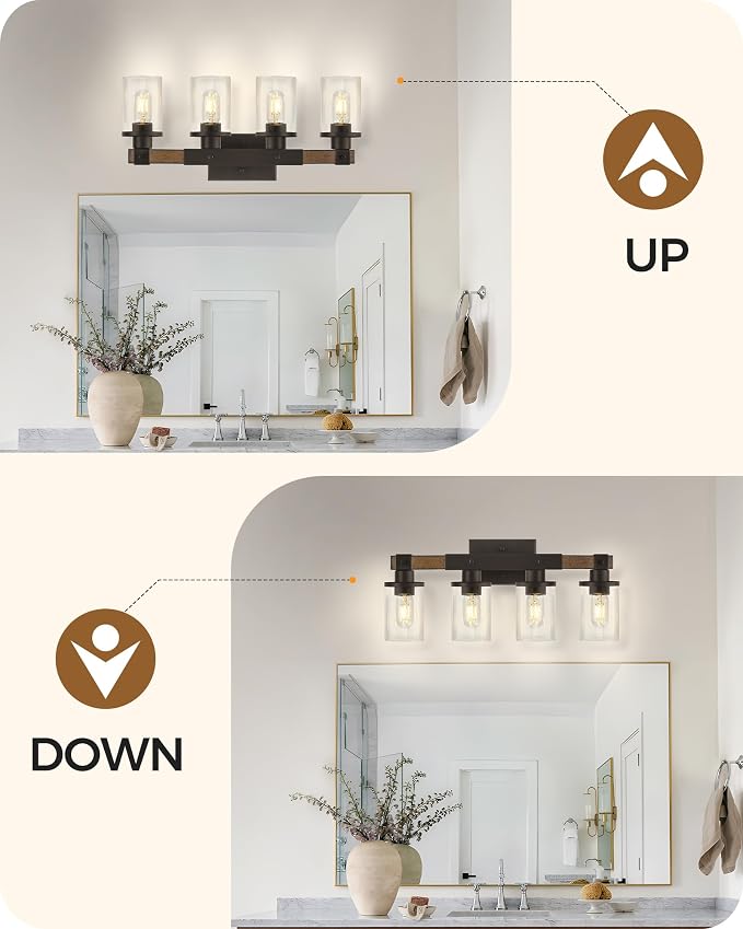5-Light Bathroom Light Fixture, Farmhouse Vanity Lights for Bathroom with Glass Shade, Rustic Bathroom Light Fixtures, E26 Base F10BD05W1