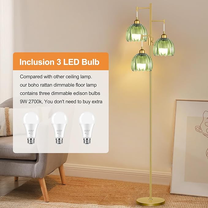 Gold Floor Lamps for Living Room Bedroom-3 Light Glass Floor Lamp with Three Led Bulb, Flower Tall Floor Lamp Dimmable Mid Century Modern Standing Lamp Vintage Tree Floor Lamps for Bedroom Corner