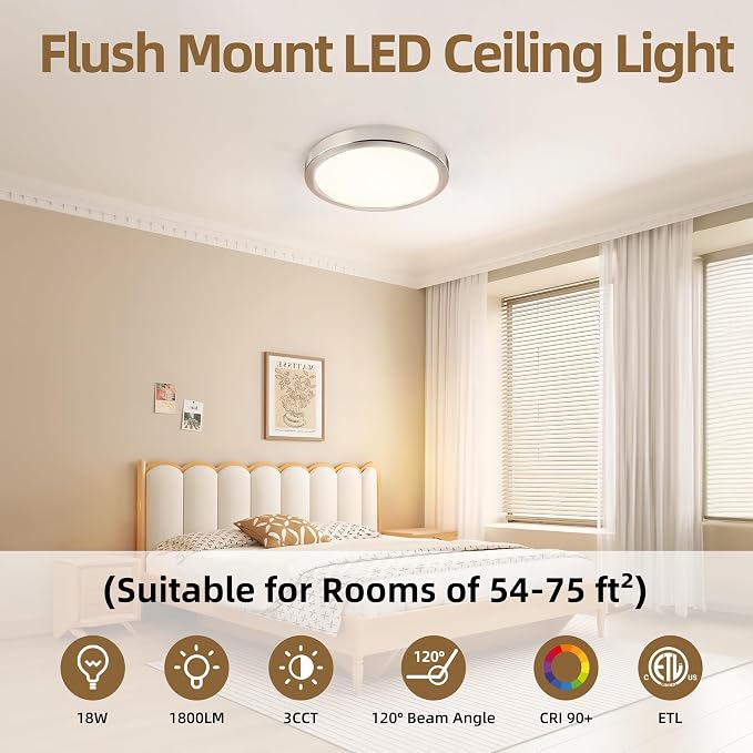 Hlite 9 Inch LED Flush Mount Ceiling Light,1800LM,6 Pack,3CCT | 18W 3000K/4000K/5000K Selectable,Super Slim,Low Profile Round Ceiling Light Fixtures for Kitchen,Bedroom,Hallway,Nickel