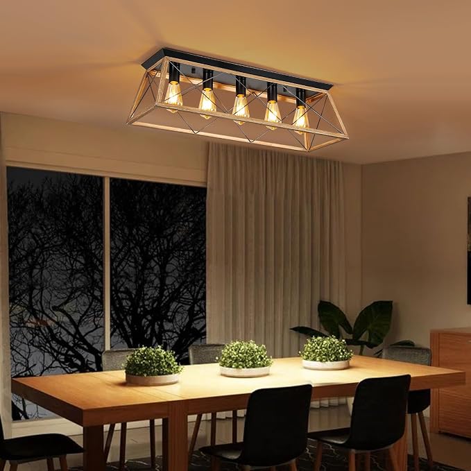 31.5" Flush Mount Ceiling Light Fixture, 5-Light Vintage Industrial Cage Chandelier for Dining Room, Kitchen Island, Living Room, Dimmable Semi Flush Mount Close to Ceiling Lighting, Walnut Finish