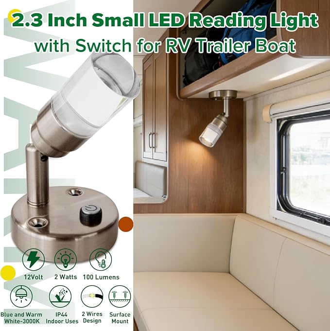 RV Reading Lights 12 Volt RV Wall Lights with Switch for Camper Van Trailer Food Truck Interior 12v Reading Light 2W 100LM Wall Lamps Blue and 3000K White Lighting Fixtures Nickel Finished, 2-Pack