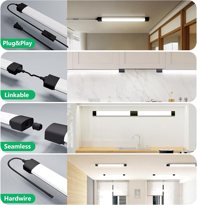 Plug in Ceiling Light 4FT 2PCS, Linkable LED Garage Ceiling Light Fixtures 5000K, Bright Lightweight Overhead Light with Cord for Workbench Basement Kitchen Bedroom Factory, Black, 36W