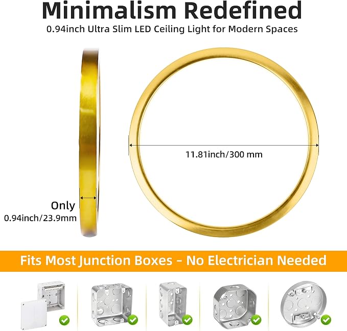 Hlite 12 inch Flush Mount LED Ceiling Light Fixture,2400LM,3CCT,6Pack | 24W Super Slim Light Fixtures Ceiling Mount 3000K/4000K/5000K Selectable,Light Fixtures for Kitchen,Bedroom,Gold