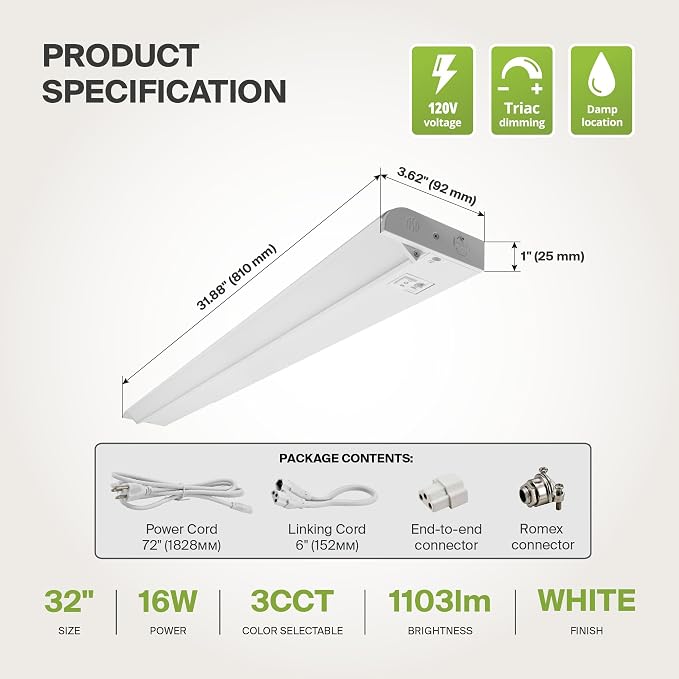 ASD Swivel LED Under Cabinet Lighting Plug in or Hardwired 32 Inch, Dimmable Under Cabinet Lights with High/Low/Off Switch, 3CCT 2700K-4000K, Linkable Under Counter Lights for Kitchen, White, ETL
