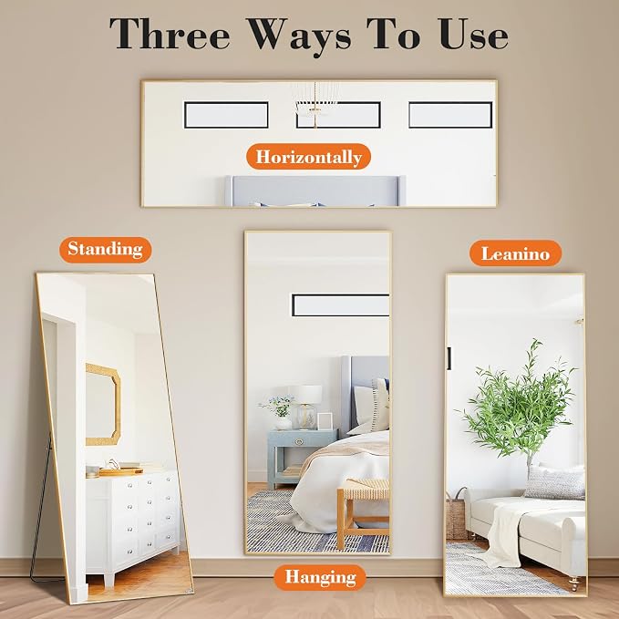 DUMOS Full Length Mirror 24"x 65" for Bedroom, Full Body Mirror with Stand, Hanging or Leaning for Wall, Aluminum Alloy Thin Frame Floor Standing for Living Room, Long, Gold