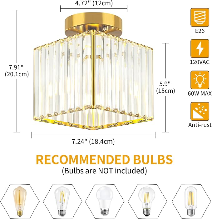 Modern Brushed Gold Hallway Entryway Light Fixtures Crystal Ceiling Lamp | 2-Pack, 7.24 Inch, E26 Dimmable, Bathroom Bedroom Semi Flush Mount Ceiling Light, Kitchen Dining Room Foyer Light Fixtures