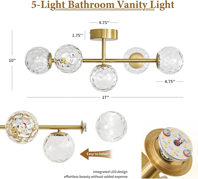 LED Brushed Gold Modern Hammered Glass Globe Bathroom Vanity Light | Hammered Glass Globes, Stunning Ripple Reflections, Mid Century Modern Design, Brushed Gold Finish, Integrated LED Source