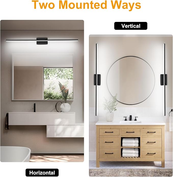 LED Bathroom Vanity Light, Modern Bathroom Light Fixture Over Mirror (3000K/4000K/6000K, Dimmable), Vanity Light Bar with Angle Adjustable, 48 Inch, Black