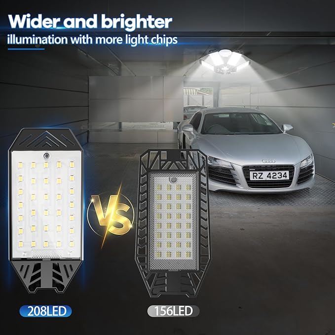 Garage Light 2 Pack - 200W 20000LM Garage Lights Ceiling LED 6500K with 6+1 Deformable Panels, Screw in E26/E27 Bulb Socket LED Shop Lights for Workshop Barn Basement Gym Bay Lighting