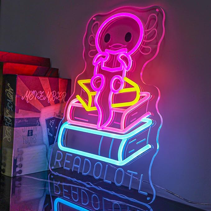 Axolotl Reading Neon Sign, Book Lover LED Light for Classroom Decor | Reading Corner, Classroom Decor, Book Nook, Library Display, Teacher Gift, Cozy Study Space, USB Powered, Soft Glow