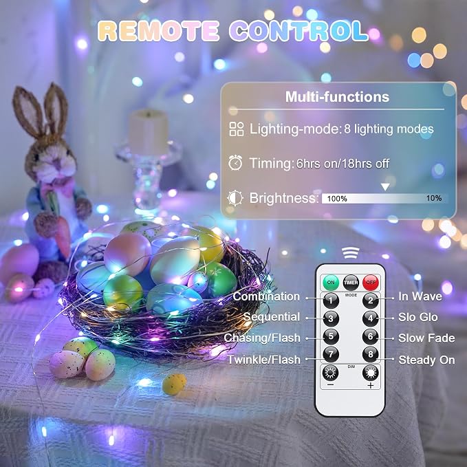 JMEXSUSS 2 Pack Pastel Fairy Lights Battery Operated, Total 200 LED 66ft | with Remote, 8 Modes, Easter lights Outdoor Waterproof, Pastel Twinkle String Lights for Xmas Bedroom Indoor Easter Decor