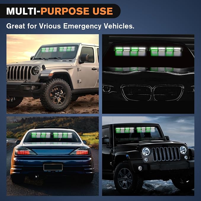 Nilight 32LED Green White Emergency Dash Strobe Lights with Controller | Suction Cups Warning Hazard Interior Front/Rear Windshield Deck Split Light Bar for Trucks Construction Vehicles