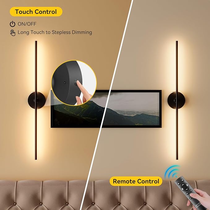 Battery Operated Wall Sconces Set of 2, 8000mAh Wireless Rechargeable 3000-6000K Dimmable 350° Rotate Wall Light with Remote for Living Room, Bedroom 31.6in Black