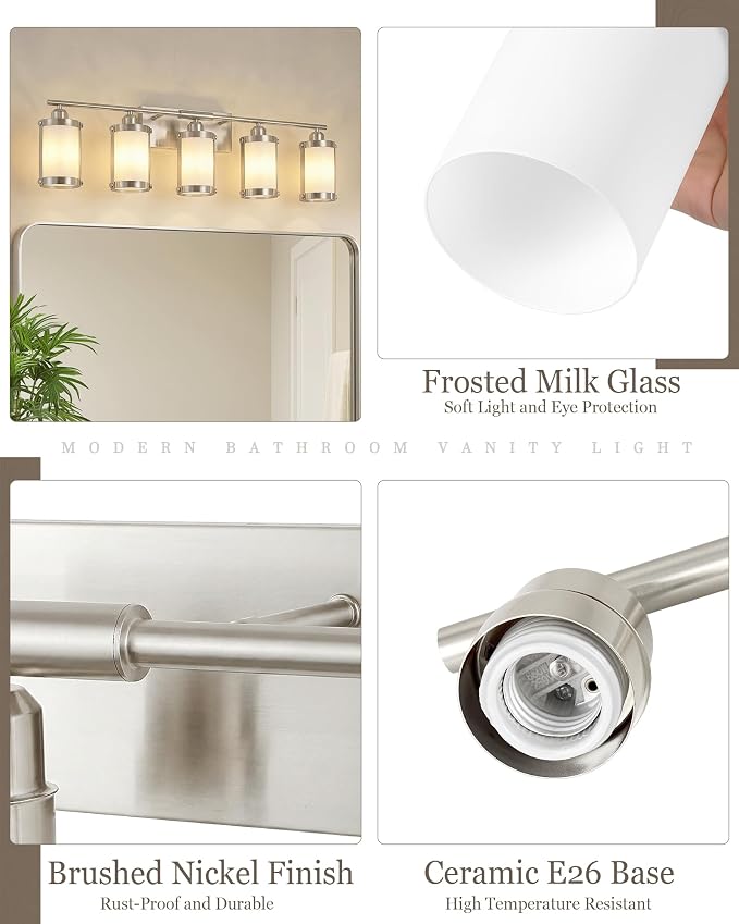 5-Light Brushed Nickel Bathroom Light Fixtures Over Mirror with Frosted Milk Glass and Metal Cage Shade, 38" UL-Listed Modern Farmhouse Wall Sconce for Bath, Hardwire E26, OS-3014BNW-5W