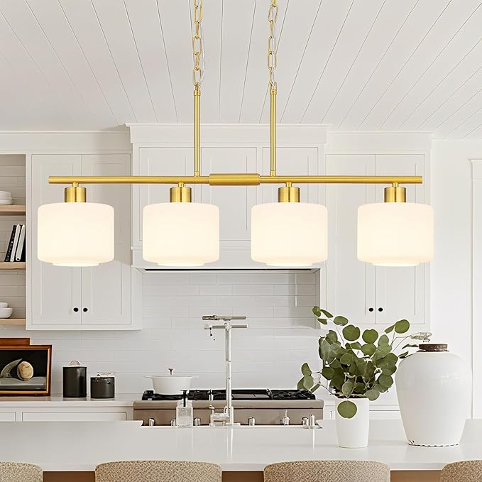 4-Light Brushed Gold Kitchen Island Lighting, Modern Linear Dining Room Chandelier Light Fixtures with Milk Glass and Chain, Mid Century Hanging Lights for Kitchen Island, OS-YQ8153-4ISBGW