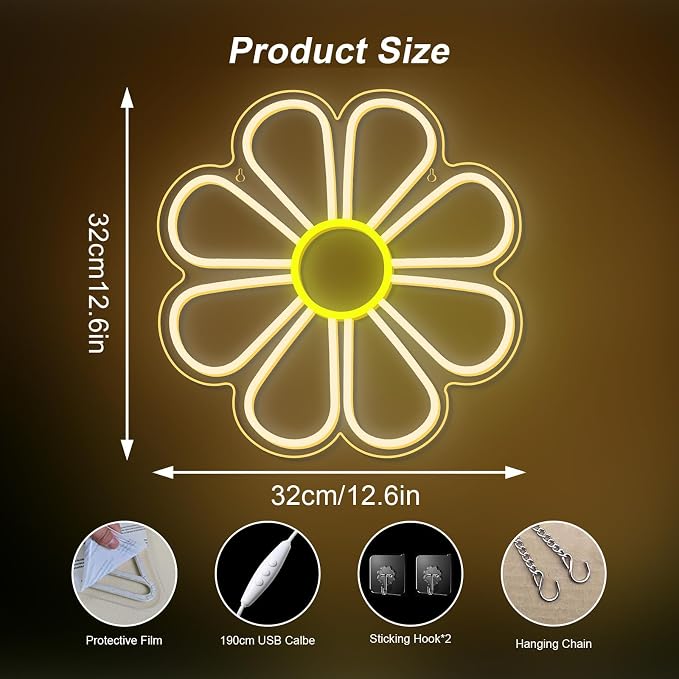 Flower Neon Sign Cute Daisy Dimmable LED Window Light for Bedroom Decor | 12.6IN*12.6IN,Five level brightness adjustment,USB powered,For Bar,Club,Pub,Living room,Bedroom,Restaurant,Beach Bungalow