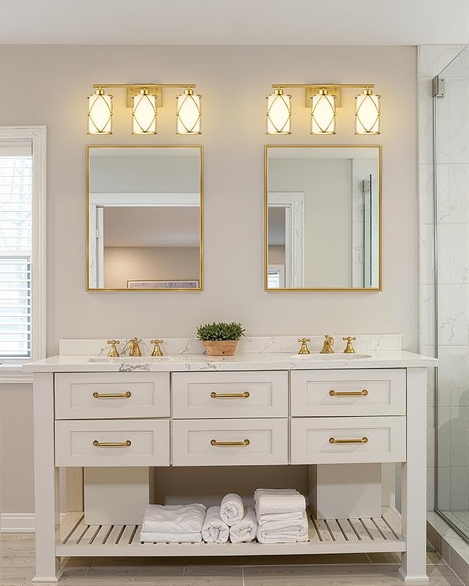 3-Light Brushed Gold Bathroom Light Fixtures with Milk Frosted Glass, 21" Modern Bathroom Vanity Lighting Fixtures Over Mirror with Metal Cage, Wall Sconce Lights for Bath, E26, CH9176BGW-3W