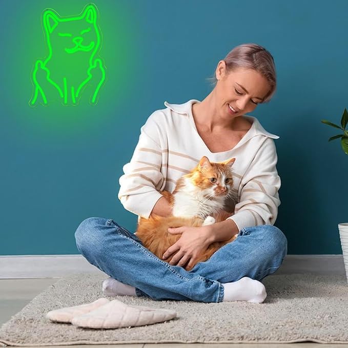 Cat Neon Sign for Wall Decor, USB Powered Cool Cat Neon Light, Funny Green Cat LED Light Up Sign for Birthday New Year Man Cave Teen Party Game Room Decoration