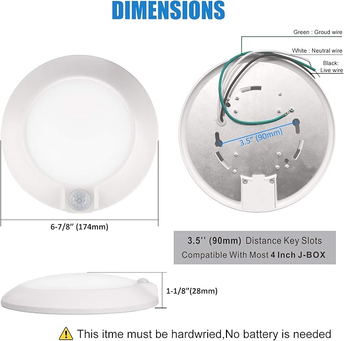Closet Lights Motion Sensored Indoor Ceiling Mount LED-10W 3000K Closet Stair Porch Ceiling Pantry Motion Activated Light 6-7/8 Inch 90CRI 600lm Hardwire to Junction Box, No Battery, Damp Rated 4 Pack