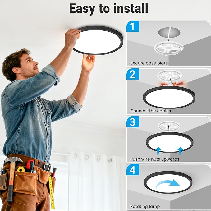 LED Flush Mount Ceiling Light,9Inch 18W,3000K/3500K/4000K/5000K/6500K 5 Color Temperatures Ceiling Light Fixture for Kitchen Porch Hallway Bedroom Bathroom and Closet,Black