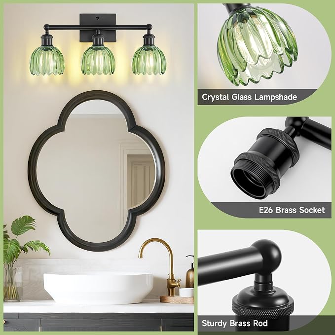 Bathroom Lighting Fixtures Over Mirror,3 Light Vintage Vanity Light,20 in Antique Black Bathroom Sconce with Green Tulip Glass Shade for Bedroom Living Room,Dressing Table,Hallway,E26 Base