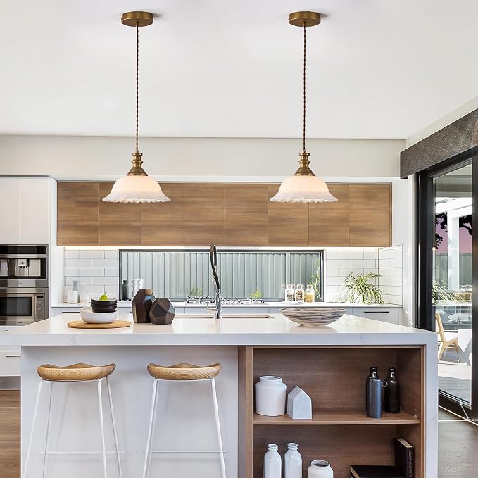 HDDFL Glass Pendant Lights Modern Pendant Lighting Fixtures Hanging Lamp for Kitchen Island Bedroom Dining Room Coffee Shop Hallway White and Brass 2 Pack