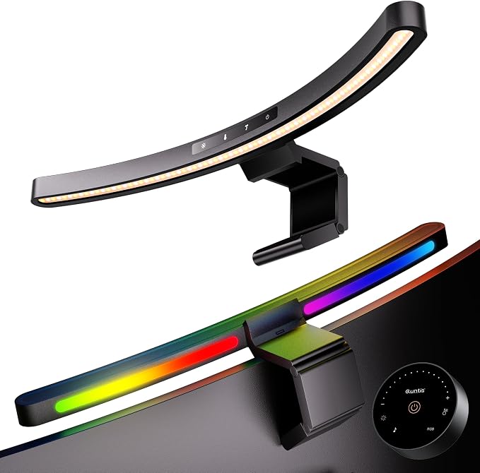 Quntis 17.7'' Curved Monitor Light Bar RGB Backlight with Music Sync, Black | Gaming & Home Office, Ra95 Eye-Care, 23 RGB Effects, Touch & Remote Control, 17–34" Curved & Flat Monitors, Webcam Compatible